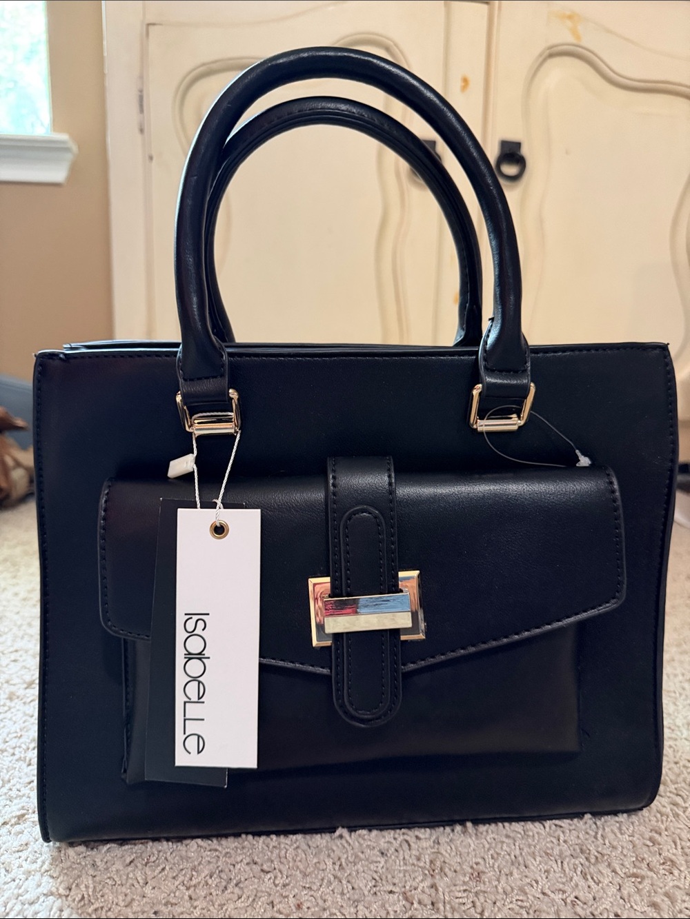 Isabelle Black Double-Handle Satchel with Front Flap Pocket